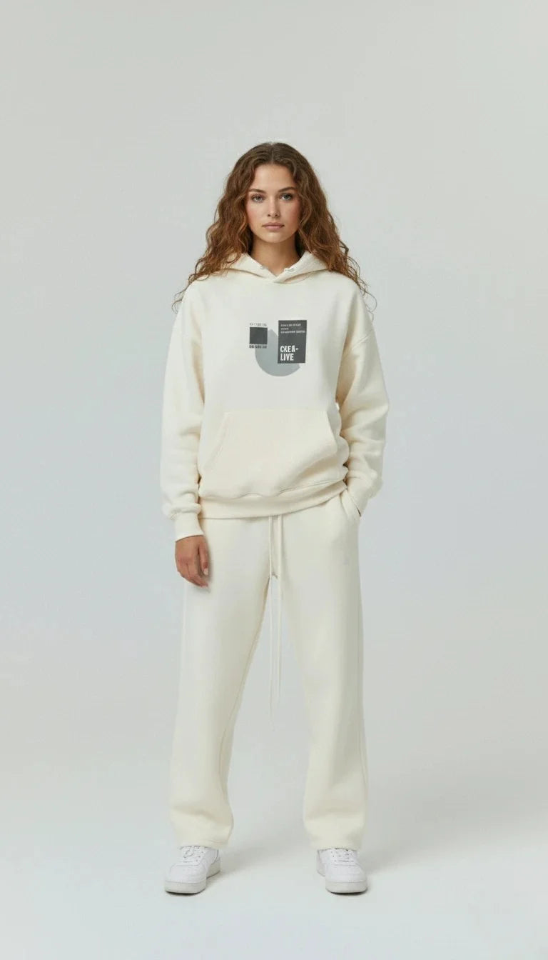 Female wearing a cream-colored -Unisex hoodie and pant with a logo on a white background - Mine outfit - best for casual wear , parties , date , university and colleges