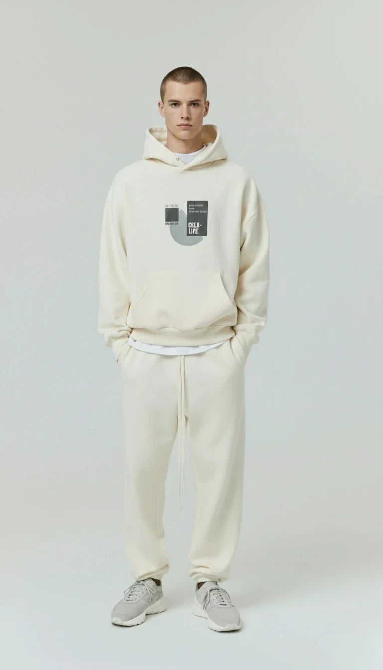 Man wearing a cream-colored and Unisex hoodie and pants with a logo on a white  background - Mine outfit - best for casual wear , parties , date , university and colleges