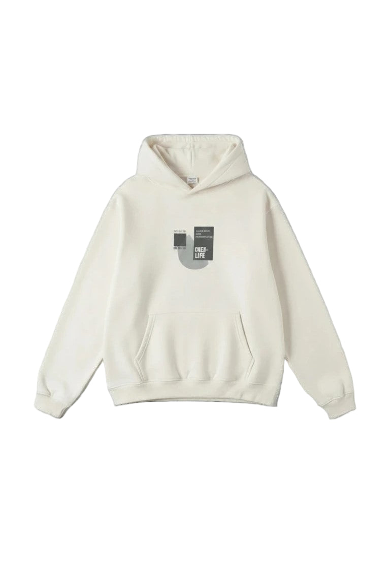 White hoodie with a small graphic on the chest against a light gray background best for for casual wear , parties , date , university and colleges