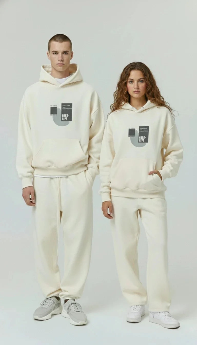 Two male female  wearing canvas matching cream-colored hoodies and pants with a logo on a white background