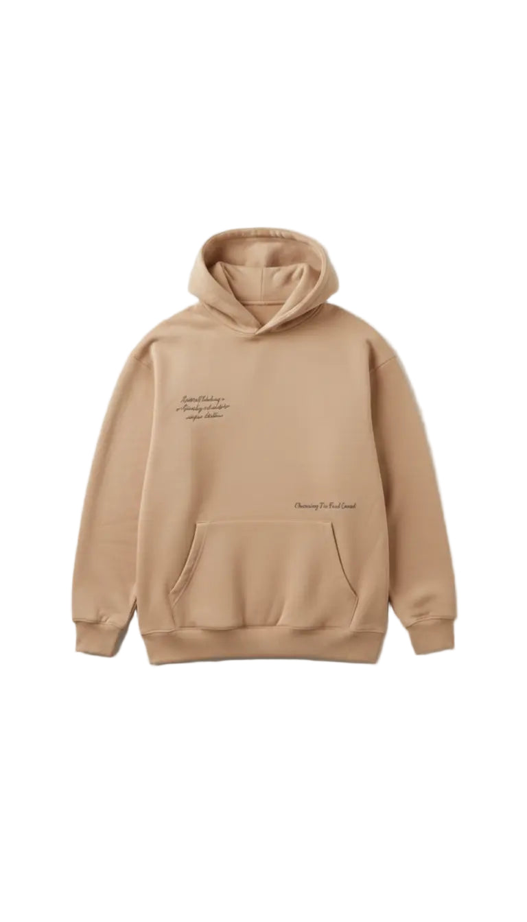 Flat lay photo of The Dune Hoodie - beige color #ECC597, cotton-poly fabric, and clean front design

