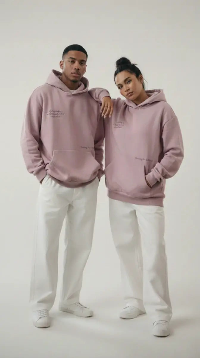 A young man and woman wearing the Lalic lavender unisex hoodie from the front, showcasing the cozy fit and soft fabric for both genders.

