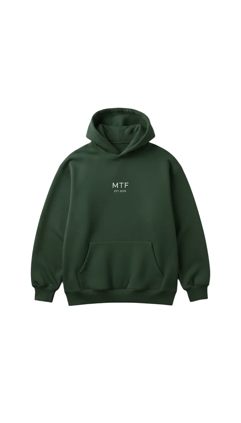 Green hoodie with 'MTF' text on a white background